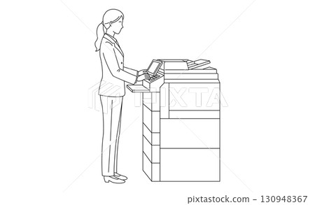 Icon illustration of an office woman operating a copy machine 130948367