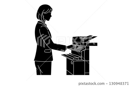 Icon illustration of an office woman operating a copy machine 130948371