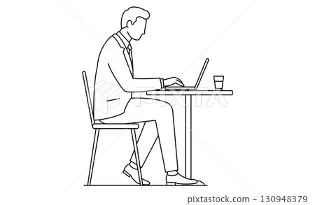 Line drawing icon of a man working remotely using a computer in a cafe 130948379