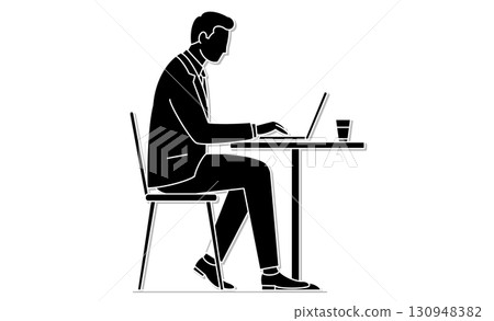 Line drawing icon of a man working remotely using a computer in a cafe 130948382