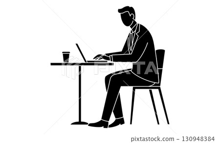 Line drawing icon of a man working remotely using a computer in a cafe 130948384