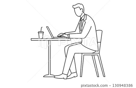 Line drawing icon of a man working remotely using a computer in a cafe 130948386