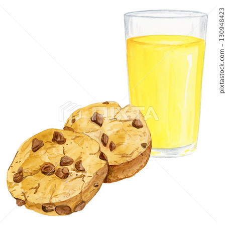 手繪水彩插圖美味的巧克力餅乾和柳橙汁 130948423