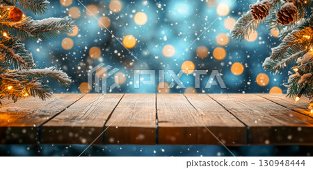 Rustic Winter Background with Pine tree and Festive Bokeh Rustic Winter Background with Pine tree and Festive Bokeh 130948444