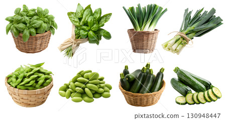 Set of 4 vegetable spice herb in bundle basket, Basil, Zucchini courgette, baby marrow, summer squash, Edamame soybean, Leek, Scallion, spring onion on transparent cutout PNG. Mockup template 130948447