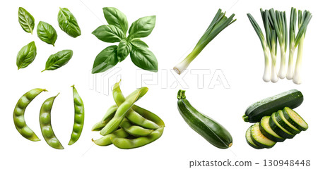 Set of 4 vegetable spice herb in bundle basket, Basil, Zucchini courgette, baby marrow, summer squash, Edamame soybean, Leek, Scallion, spring onion on transparent cutout PNG. Mockup template design	 130948448