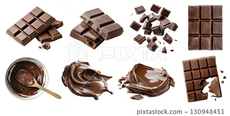 Chocolate bar piece block, melt pieces drip, pile stack group cream blob, cocoa sweet candy dessert on transparent cutout PNG. Many different style,. Mockup template 130948451