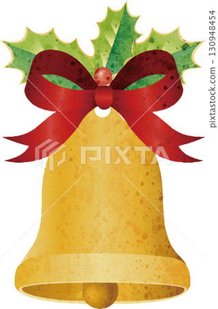 Christmas bells, holly, red ribbon, decoration, holiday, winter, event concept, illustration material 130948454
