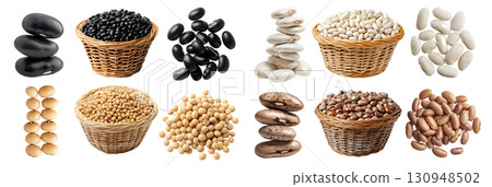 Collection of 4 set of legume seed plant bean, Pinto frijoles speckled, Soybean soya soy , Black turtle, White cannellini, pile basket stack isolated transparent cutout PNG. Mockup template 130948502