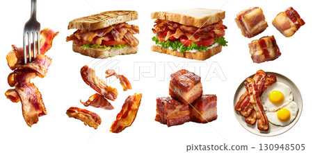 Collection set of crispy fried bacon meat salt-cured pork, in strips slice cubes pieces, stack pile, sandwich, on fork, breakfast egg on transparent cutout PNG. Mockup template 130948505