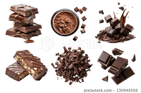 Chocolate bar piece block, melt pieces drip, pile stack cream, cocoa powder, shaving curl sweet candy dessert on transparent cutout PNG. Many different style,. Mockup template 130948508