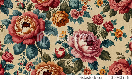Colorful rose pattern with yellow, pink, and red flowers on beige fabric, creating a shabby chic vintage style background, perfect for adding a soft, floral touch to any space. 130948526