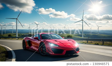 red car on highway road with blue sky 130948571