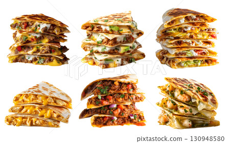 Set of quesadilla tortilla, with different ingredients fish kebab beef cheese lamb chicken salsa chili vegetable guacamole on transparent cutout PNG. Mockup template  130948580
