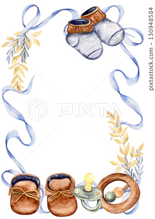 Watercolor baby shoes border with ribbon and pacifier Watercolor baby shoes border with ribbon and pacifier 130948584