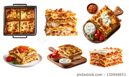 Set of Lasagna Lasagne noodle pasta, with different ingredients style, beef cheese ragu bolognese sauce, baking tray, serve wooden board, plate on transparent cutout PNG. Mockup template 130948651
