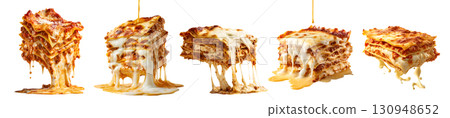 Set of Lasagna Lasagne melting cheesy noodle pasta, many angles view side dripping filled with melted cheese isolated on transparent cutout PNG. Mockup template 130948652