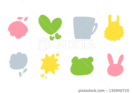Pastel colored hand-drawn silhouette icon set including flowers, hearts, bears, and rabbits | Stars, mugs, dresses 130948729