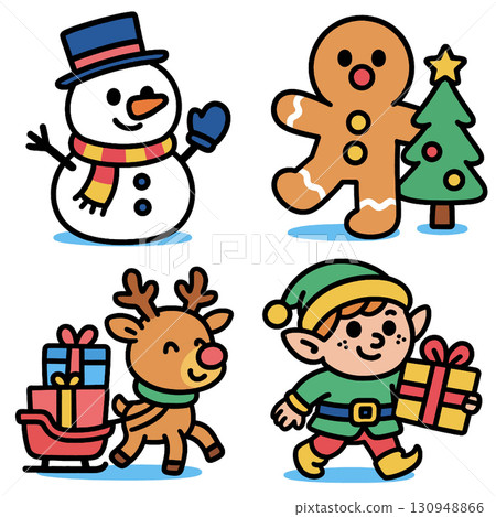 Snowman gingerbread Christmas tree reindeer elf gift holiday cheerful 130948866