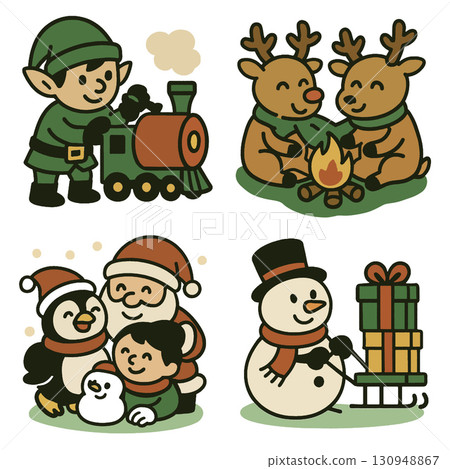 Christmas elf train toy, reindeer campfire, Santa penguin child, snowman gift stack 130948867
