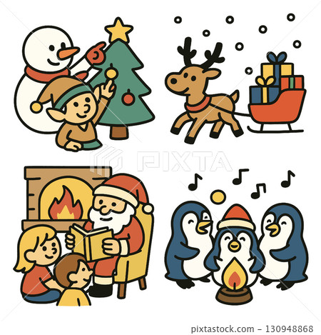 Christmas elf snowman tree reindeer sleigh gift Santa children penguin 130948868