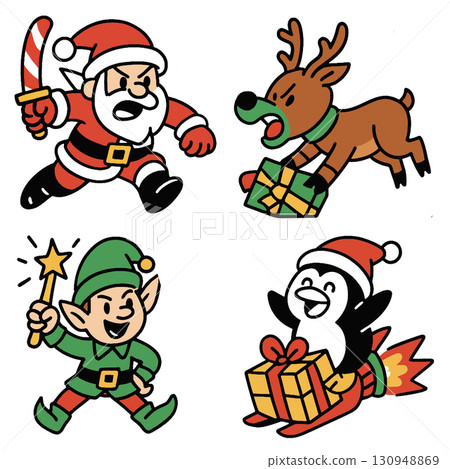Santa Claus, reindeer, elf, and penguin festive Christmas costumes with gifts and cheerful 130948869