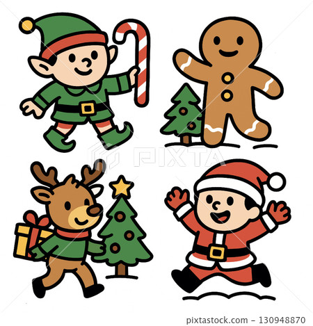 Christmas elf holding candy cane, gingerbread man, reindeer with gift, Santa Claus, festive mood 130948870