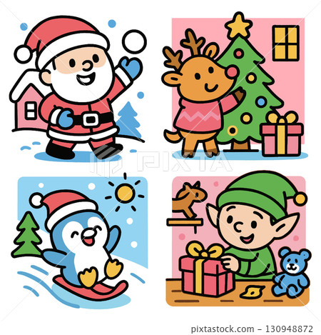 Santa, reindeer, Christmas tree, penguin, and elf celebrate joyful winter holiday together 130948872