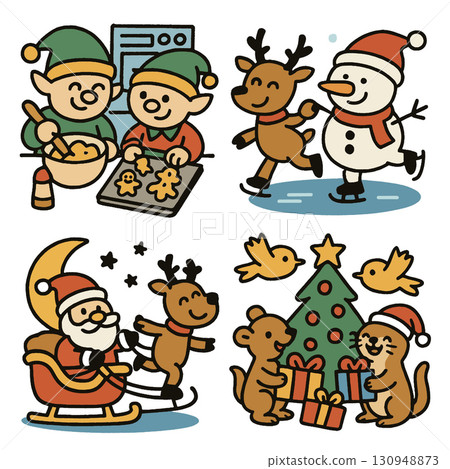 Christmas elf baking cookies, reindeer skating with snowman, Santa with reindeer, animals 130948873