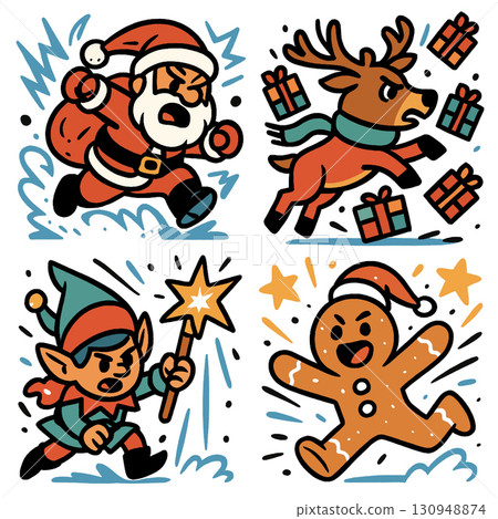 Santa Claus, reindeer, elf, and gingerbread man cartoon characters with gifts and festive energy 130948874