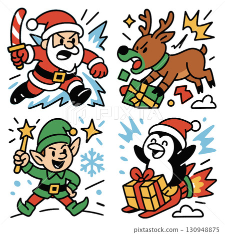 Santa, reindeer, elf, and penguin celebrate Christmas with gifts, joy, and festive energy 130948875