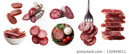 Set of Salami salume cured sausage fermented dried meat, pork beef chicken, fork, platter wooden plate, flying bundle strips sliced pile stack on transparent cutout PNG. Mockup template 130949011