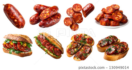 Set of Chorizo cured sausage fermented dried smoky spicy pork meat, Bruschetta, toast sandwich bun, bowl, sliced pile stack on transparent cutout PNG. Mockup Set of Chorizo cured sausage fermented dried smoky spicy pork meat, Bruschetta, toast sandwich bun, bowl, sliced pile stack on transparent cutout PNG. Mockup 130949014