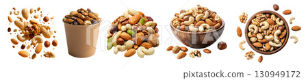 Mixed Mix of nuts, dry dried fruits, seed, pile, heap, wooden bowl, drop flying isolated on transparent cutout, PNG. Mockup template for design. almonds, walnuts, hazelnuts, pistachio, cashew, pecans 130949172
