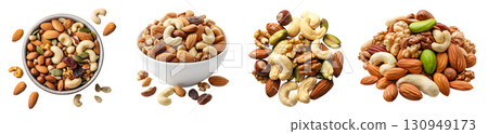 Mixed Mix of nuts, dry dried fruits, seed, pile stack bowl isolated on transparent cutout, PNG. Mockup template for design. almonds, walnuts, hazelnuts, raisin, peanut, cashew, pistachio, acorn, pecan 130949173