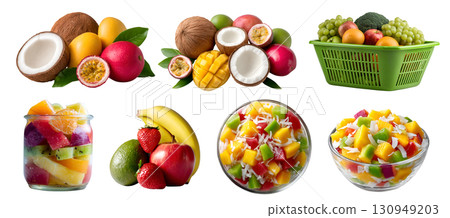 Set of fresh mix fruit vegetable snack platter, on shopping basket, sliced salad mason jar small bites isolated on transparent cutout PNG file. Mockup template for design Set of fresh mix fruit vegetable snack platter, on shopping basket, sliced salad mason jar small bites isolated on transparent cutout PNG file. Mockup template for design 130949203