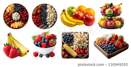 of many array fresh mix fruit vegetable snack platter, on serving board bowl, tier stand, with cracker cheese popcorn corn small bites on transparent cutout PNG file. Mockup template of many array fresh mix fruit vegetable snack platter, on serving board bowl, tier stand, with cracker cheese popcorn corn small bites on transparent cutout PNG file. Mockup template 130949205
