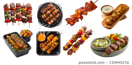 Set of Shish tikka meat vegetable grilled kebab kebob skewers, chicken lamb beef pork, BBQ grill, with sauce, takeaway plastic box, serve board, pile stack on transparent cutout PNG. Mockup template 130949258