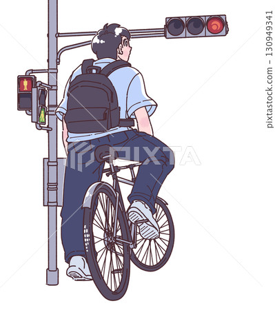 一名騎自行車的人在紅燈前停車的插圖 一名騎自行車的人在紅燈前停車的插圖 130949341