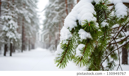 A close-up view of a snow-covered pine branch with a forest backdrop. 130949767