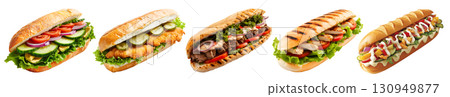 Collection set of long sub hoagie hero dagwood sandwich, bacon, meat, chicken, steak, vegan, veggie, pork, beef flavour on transparent cutout, PNG. Many different flavour. Mockup template 130949877