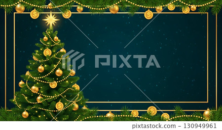 A decorated Christmas tree with dollar signs is set against a teal background with a gold frame. A decorated Christmas tree with dollar signs is set against a teal background with a gold frame. 130949961