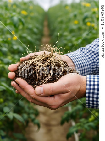 Close-up of a farmer's hands holding soil and roots in a greenhouse setting. Close-up of a farmer's hands holding soil and roots in a greenhouse setting. 130949969