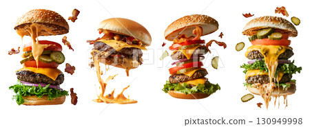 Collection of deconstructed burger set, cheeseburger, hamburger, sesame bun, lettuce, tomato, melted cheese, and juicy patties on transparent cutout PNG. Many different flavour. Mockup template 130949998