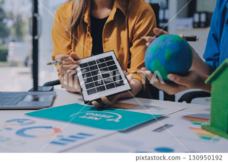 Businessman talks ESG environmental social governance policy for modish business. 130950192