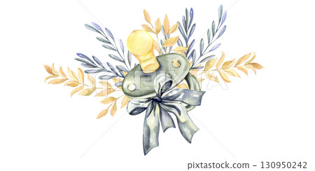 Watercolor pacifier with bow and leaves, cute nursery clipart for baby designs 130950242