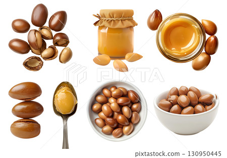 Argan nut seed plant kernel, many angles and view side pile stack, bowl spoon jar Butter spread, with husk shell, unshelled, isolated on transparent cutout PNG. Mockup 130950445