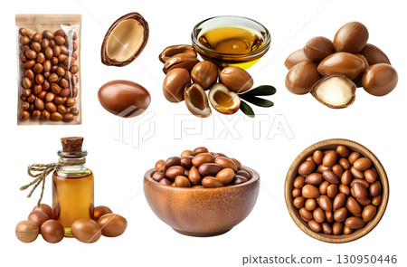 Argan nut seed plant kernel, many angles and view side pile stack, bowl, packet foil pack, essential oil, with husk shell, unshelled, isolated on transparent cutout PNG. Mockup 130950446