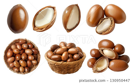 Argan nut seed plant kernel, many angles and view side top pile stack, basket, with husk shell, unshelled, isolated on transparent cutout PNG. Mockup template 130950447