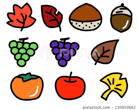 一套 10 件秋季物品：食物、落葉、圖標、簡單插圖 130950662